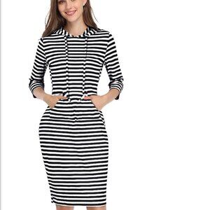 3/4 Sleeve Stripe Pocket Knee Length Pullover Hoodie Dress | Size XL